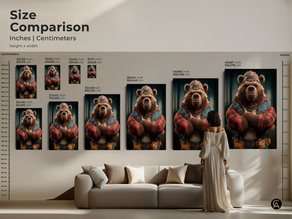 Size Comparison of Industrial Bear artwork. Inches and centimeters are shown. Artwork sizes vary Great poster art for men. Unique art print gift. Construction themed art for your home decor animal theme and workshop