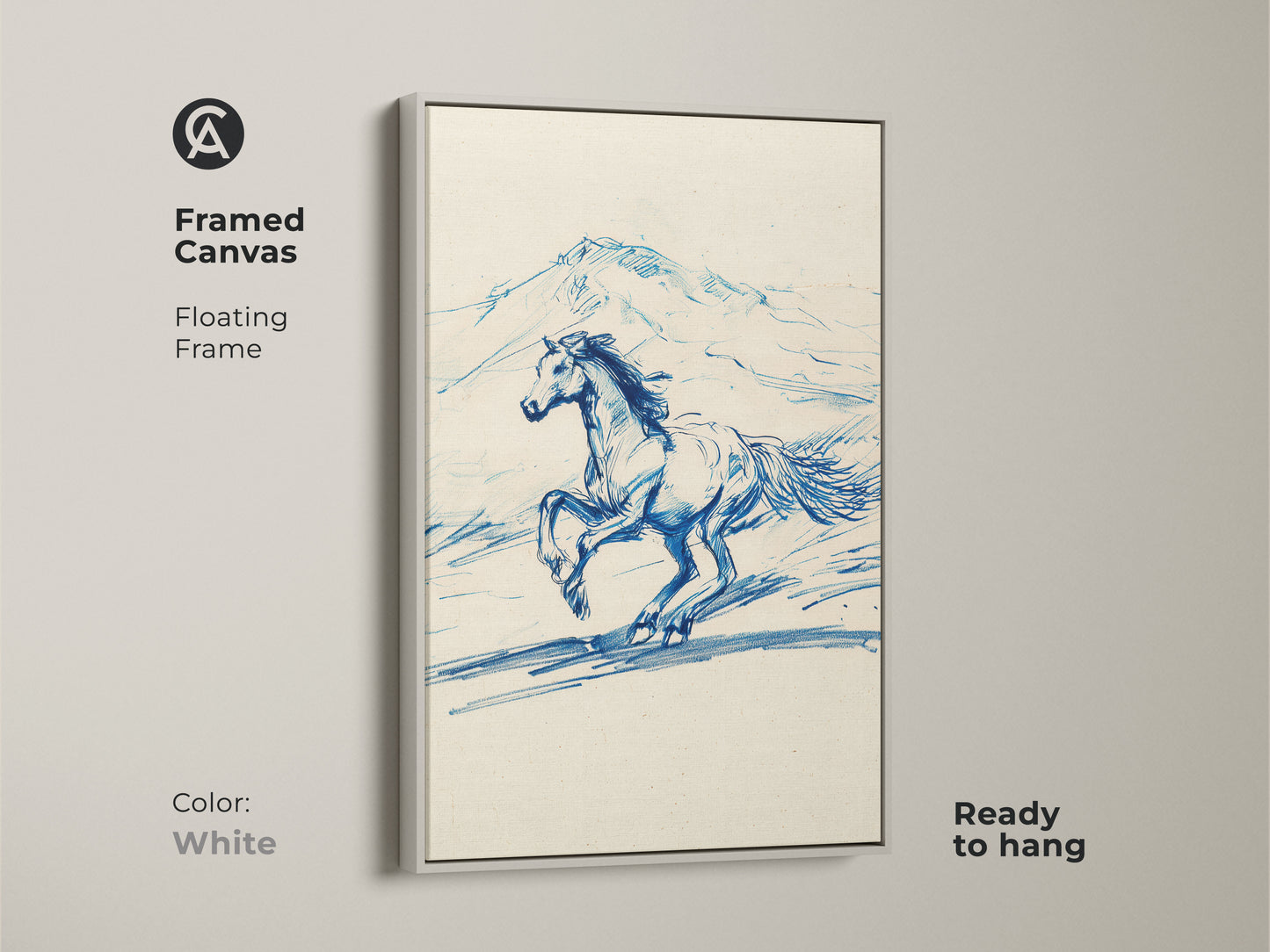 White framed canvas displaying blue line art of a running horse. The equestrian sketch print is set within a floating frame enhancing its rustic landscape art. This animal wall decor is ready to hang and will complement any bedroom decor.
