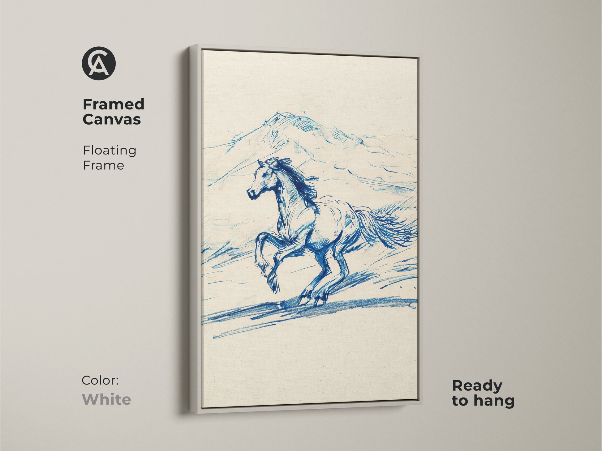 White framed canvas displaying blue line art of a running horse. The equestrian sketch print is set within a floating frame enhancing its rustic landscape art. This animal wall decor is ready to hang and will complement any bedroom decor.