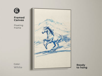 White framed canvas displaying blue line art of a running horse. The equestrian sketch print is set within a floating frame enhancing its rustic landscape art. This animal wall decor is ready to hang and will complement any bedroom decor.
