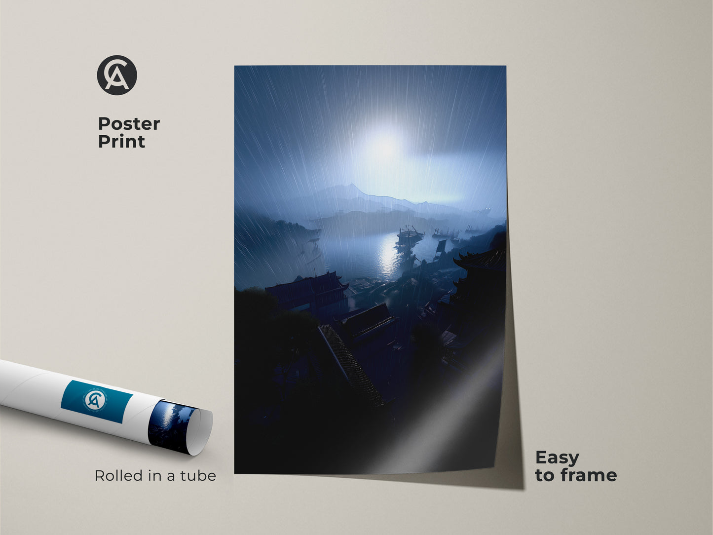 Poster print of a dramatic rainy harbor landscape. The coastal cityscape artwork is rolled in a tube for easy framing. Navy blue and gray tones create an atmospheric scene. This maritime wall art print is perfect for eclectic entryways. Bring a touch of urban coastal artwork to your home. This travel destination art adds beauty to any space.