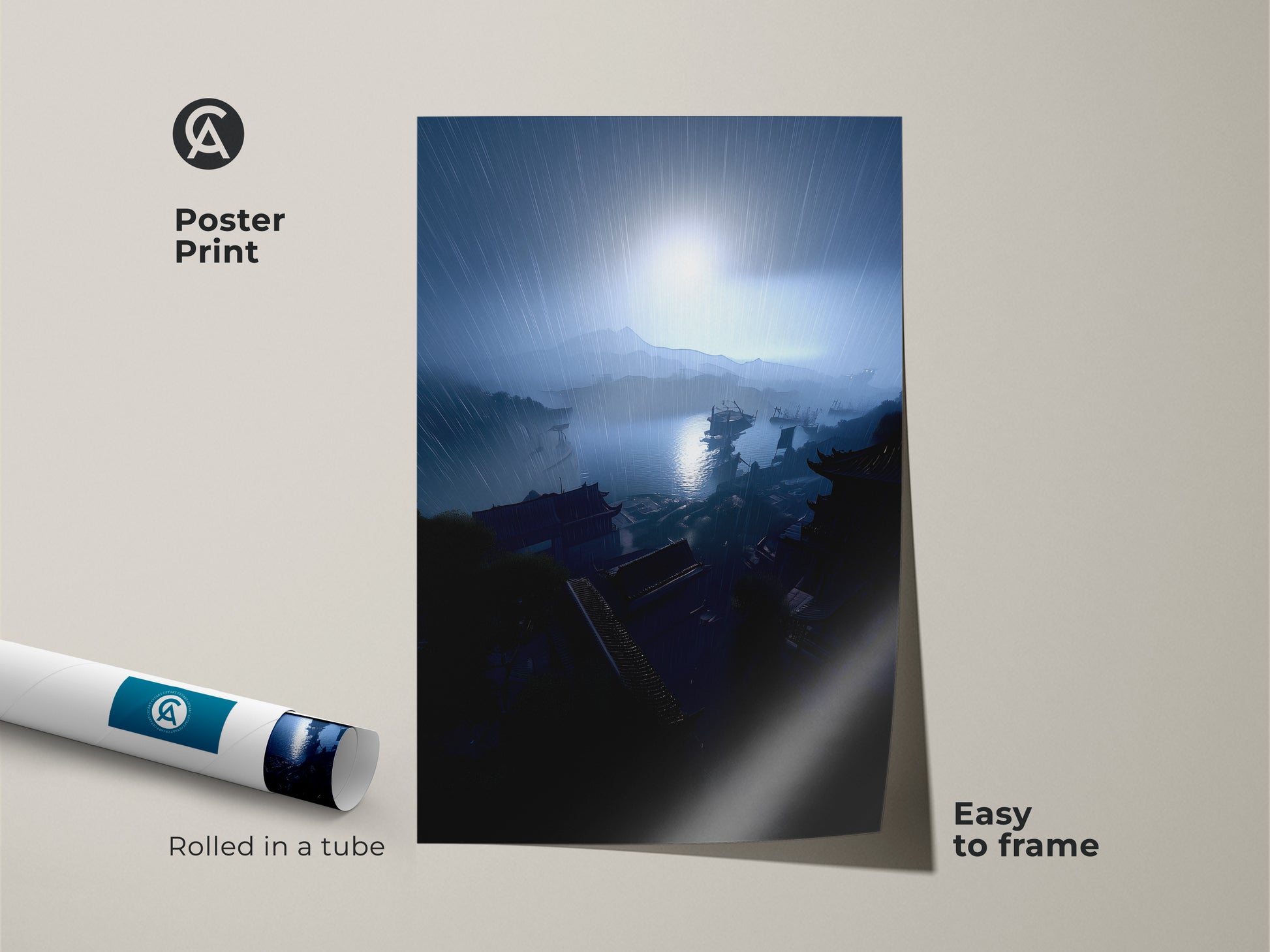 Poster print of a dramatic rainy harbor landscape. The coastal cityscape artwork is rolled in a tube for easy framing. Navy blue and gray tones create an atmospheric scene. This maritime wall art print is perfect for eclectic entryways. Bring a touch of urban coastal artwork to your home. This travel destination art adds beauty to any space.