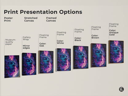 Explore print presentation options for a serene face and jungle art piece. Choose from poster prints to stretched canvas. Also available are framed canvas options. Find the perfect style to match your taste. Enhance your space with museum-quality art.