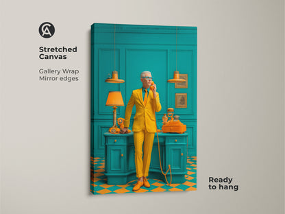 Stretched canvas gallery wrap featuring a man in a yellow suit. The artwork has mirror edges and is ready to hang. The teal room and vintage phone create a retro vibe. Elevate your decor with this unique piece of art. Perfect for art collectors and enthusiasts