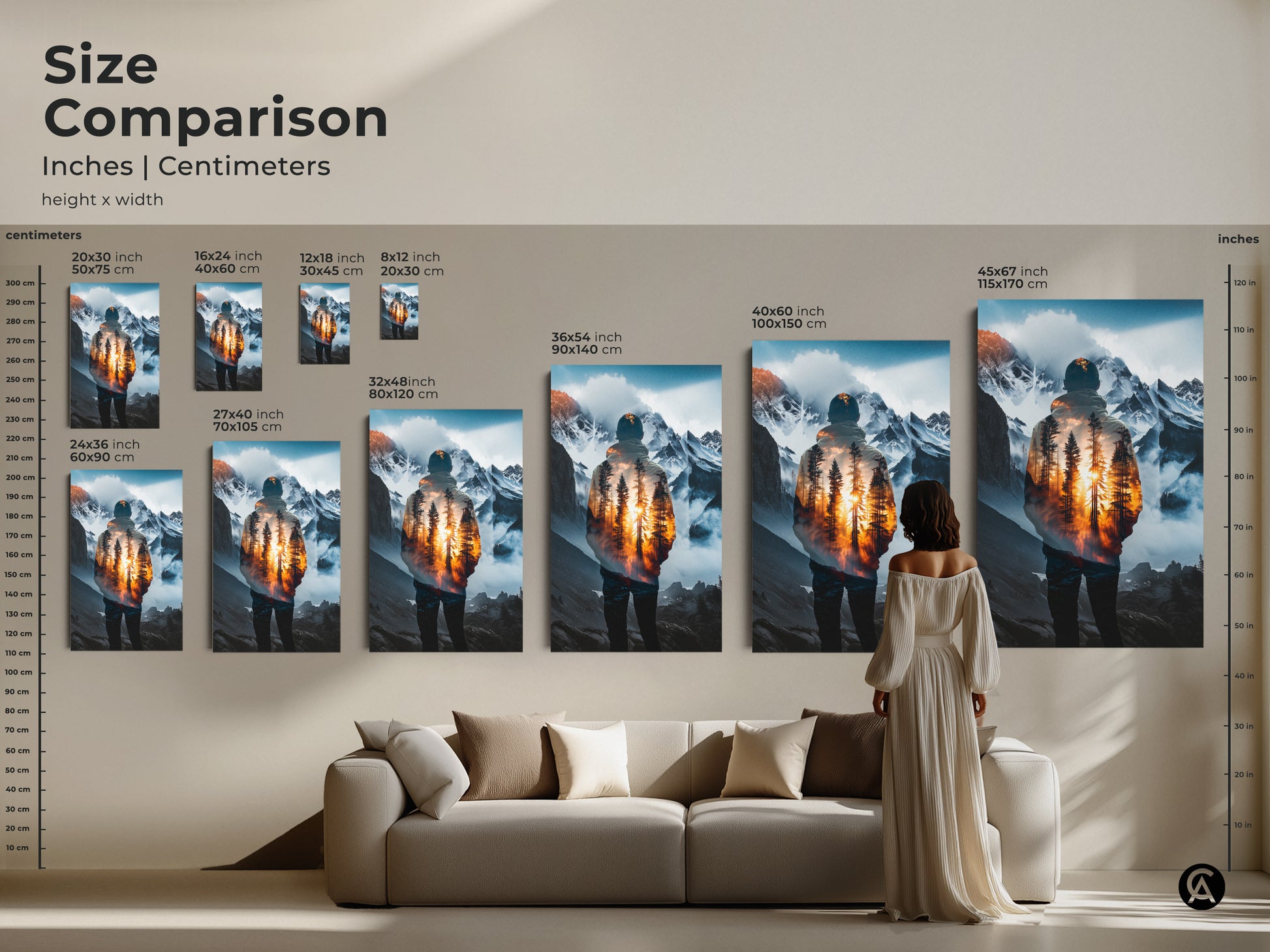 Size comparison featuring double exposure wall art in various sizes. It showcases a mountain forest landscape canvas print. Perfect for adding modern nature to your living room decor. This artistic double exposure offers a serene nature print.