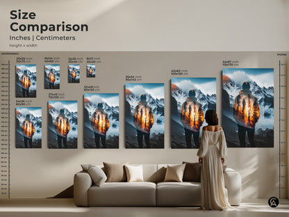 Size comparison featuring double exposure wall art in various sizes. It showcases a mountain forest landscape canvas print. Perfect for adding modern nature to your living room decor. This artistic double exposure offers a serene nature print.