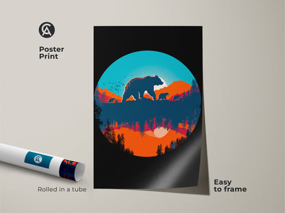 Poster print of a bear family silhouette art. The retro nature landscape is easy to frame and adds a touch of wilderness to your home or office. This mountain sunset art is rolled in a tube for safe shipping
