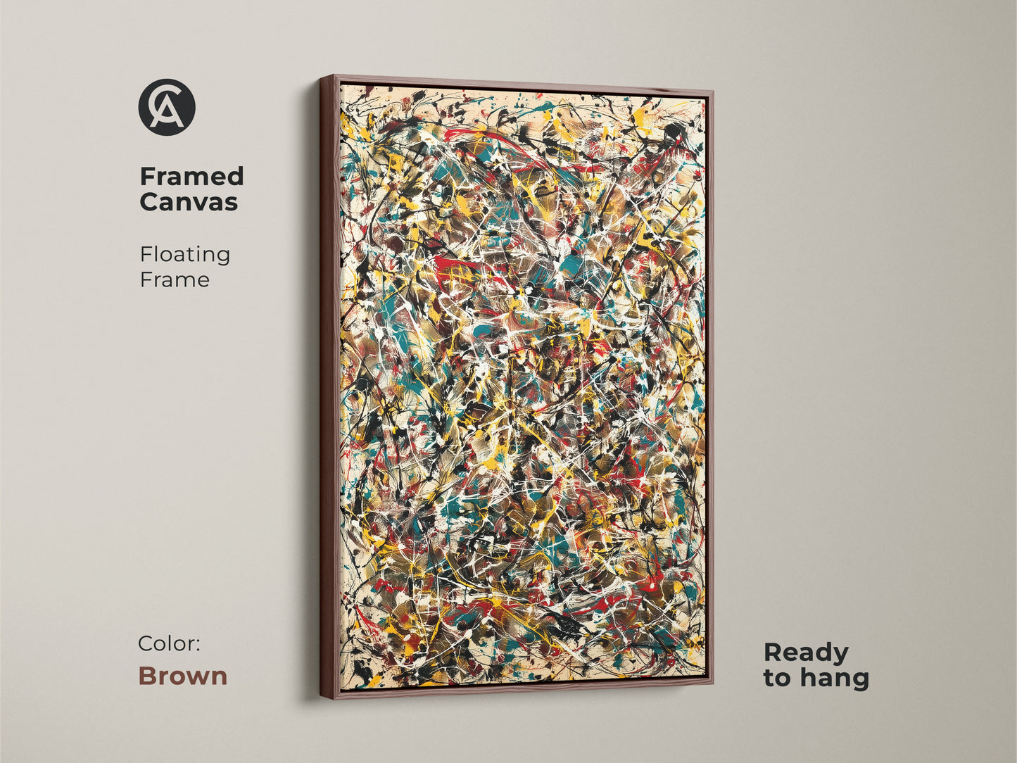 Framed canvas featuring an abstract expressionist style artwork. A brown floating frame complements the colorful paint splatters. This ready-to-hang art piece brings a warm modern accent to your wall decor.