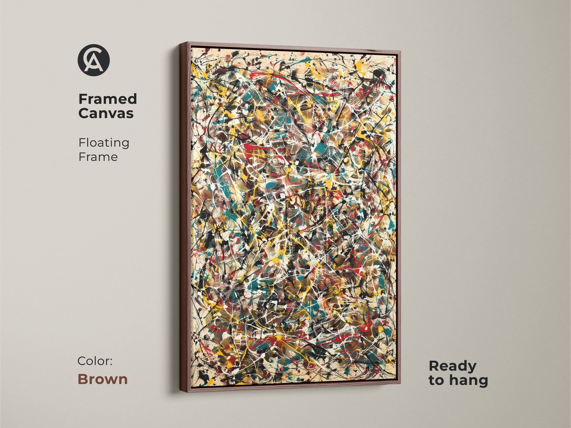 Framed canvas featuring an abstract expressionist style artwork. A brown floating frame complements the colorful paint splatters. This ready-to-hang art piece brings a warm modern accent to your wall decor.