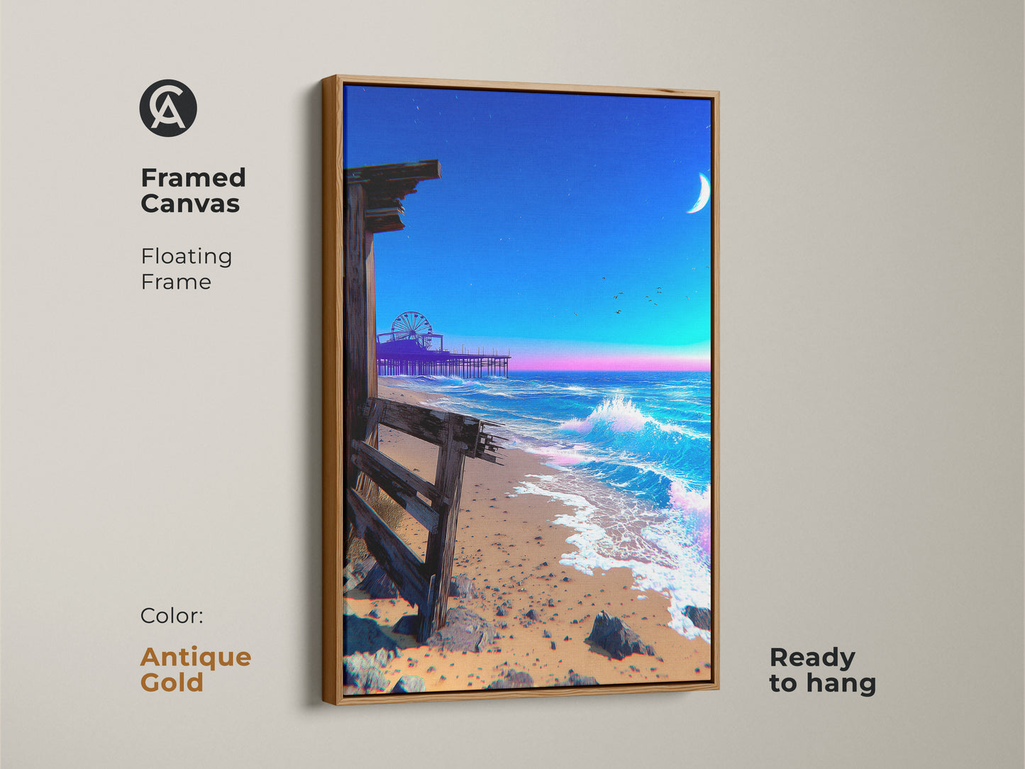 Framed synthwave beach art print. Antique gold floating frame showcases a moonlit ocean pier. The retro pier artwork is perfect as a unique wall hanging. The dreamy night sky art has pastel sunset colors.