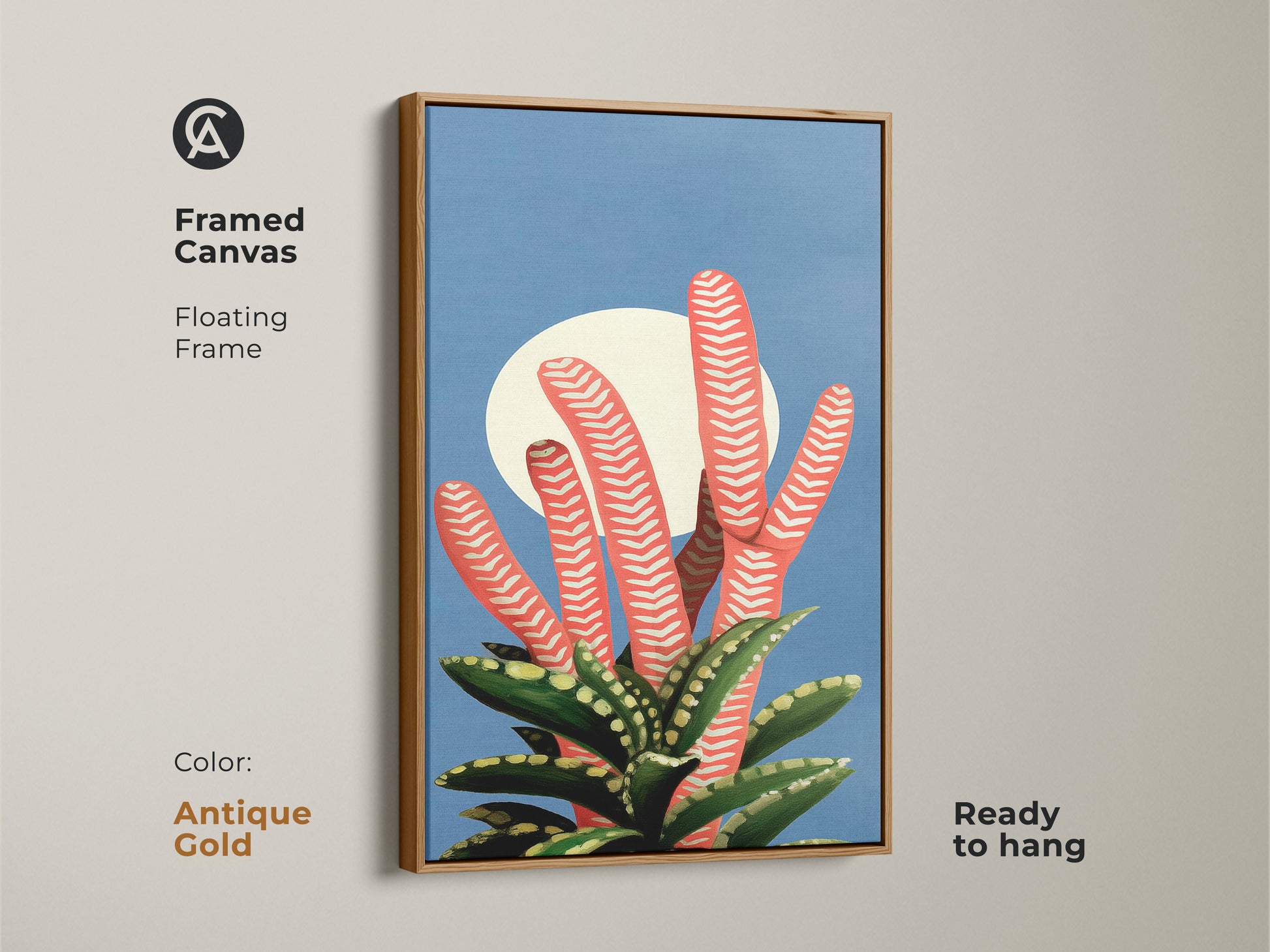 Framed Canvas showcases abstract botanical art. The coral succulent canvas has an antique gold floating frame. Bring a touch of Mid-Century Modern style to your Scandinavian office decor. The nature-inspired artwork is ready to hang.