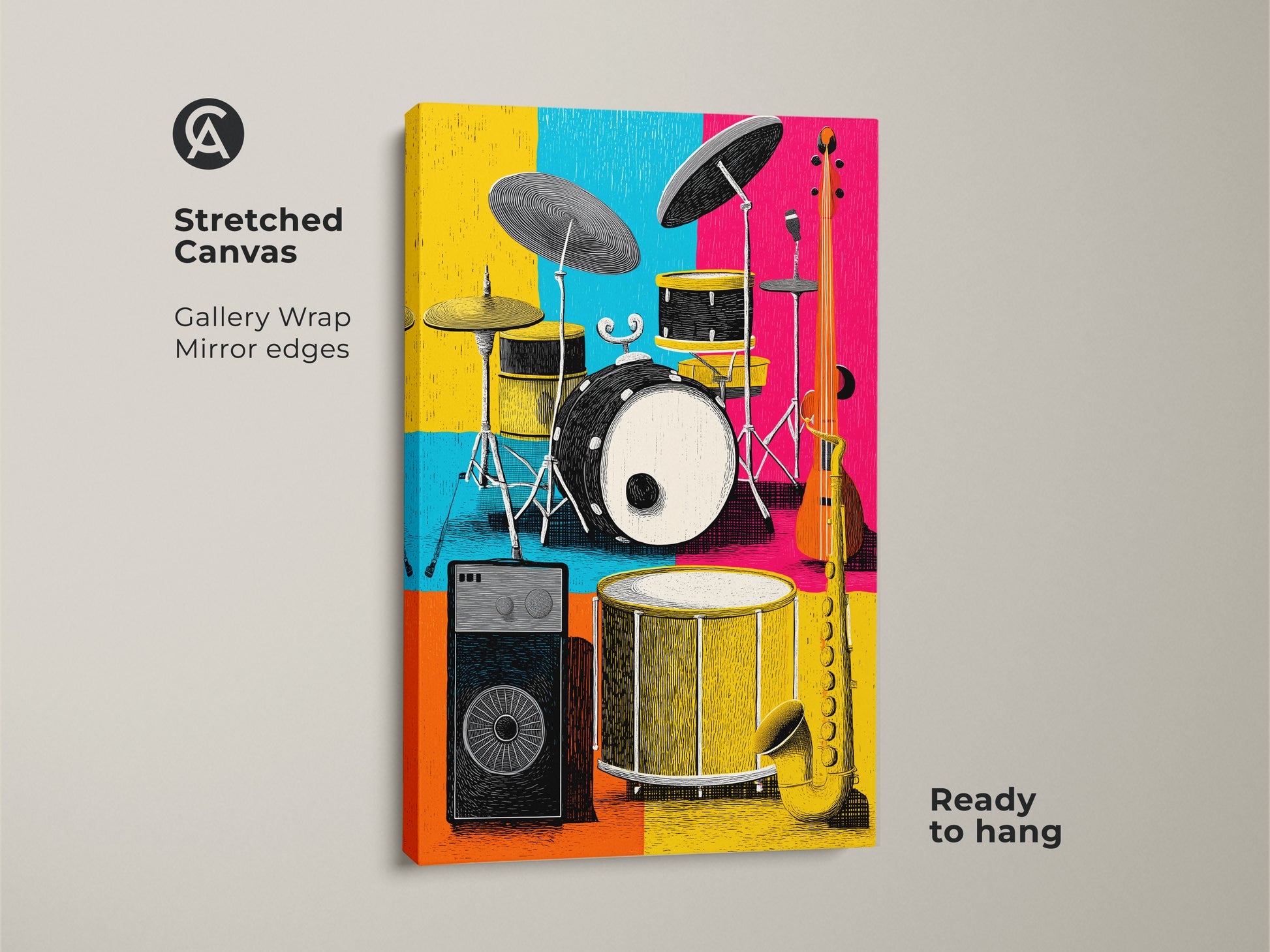 Stretched canvas art showcases a colorful music room scene. This gallery wrapped canvas features a drum set saxophone guitar and amp. Mirror edges add depth to the artwork. This ready to hang wall art is perfect for music themed rooms.