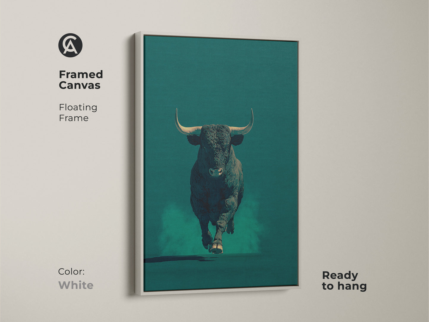 Framed canvas presenting a bull in dark teal with a white floating frame. This modern animal artwork is ready to hang. A minimalist bull art piece. The white frame provides a clean look. It is ready to hang.