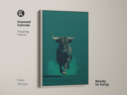 Framed canvas presenting a bull in dark teal with a white floating frame. This modern animal artwork is ready to hang. A minimalist bull art piece. The white frame provides a clean look. It is ready to hang.