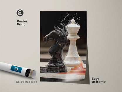 Abstract chess poster print shows dynamic black knight white queen chess art. This surrealism chess print is easy to frame. It is a unique chess decor choice for modern home office art collectors seeking intellectual wall art.