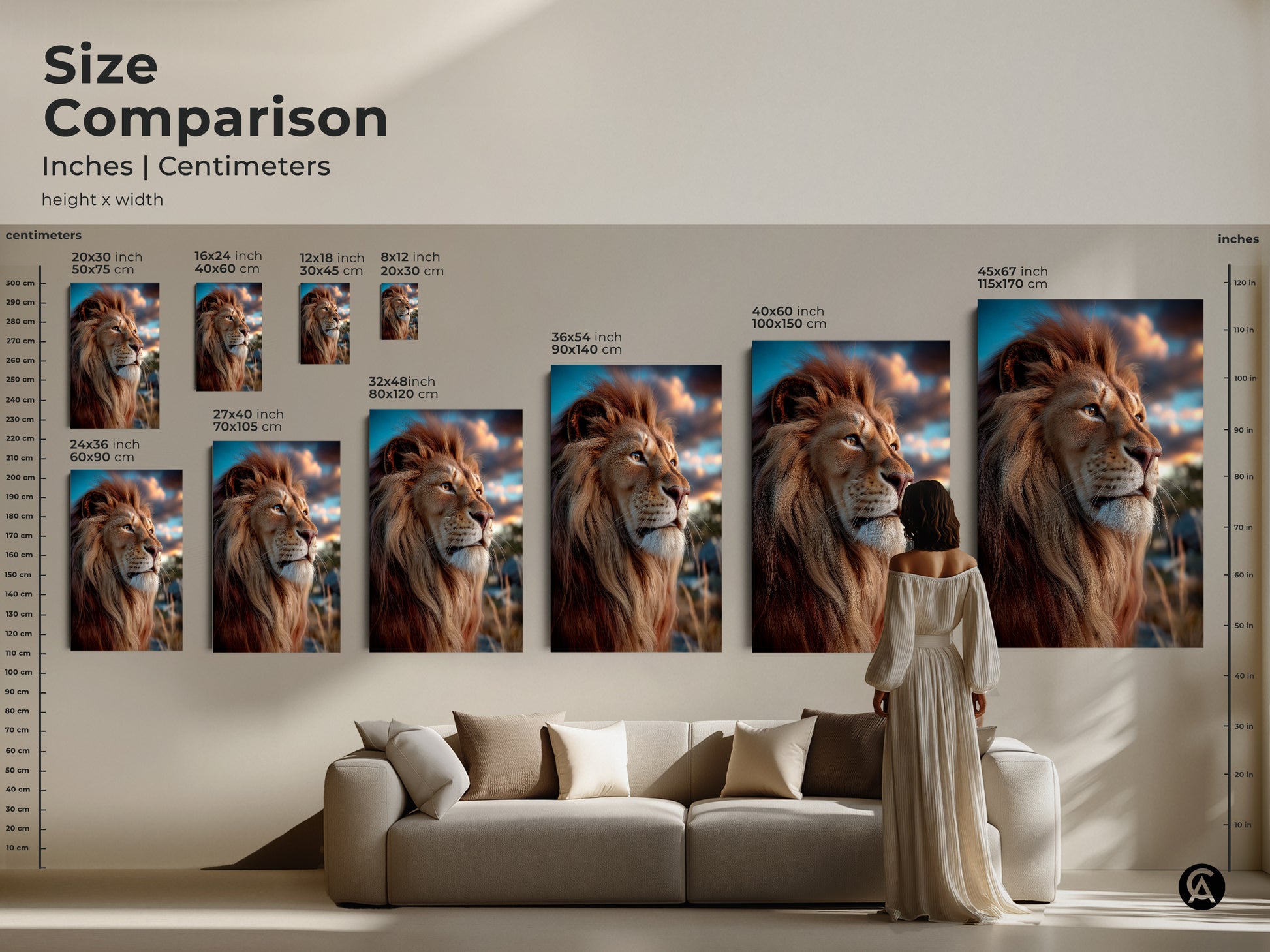 Photorealistic lion artwork size comparison guide in inches and centimeters. This golden brown wildlife print enhances any living room. Perfect for eclectic bedroom decor each piece is savanna animal artwork. See how different sizes fit above a couch. Perfect for nature inspired decor.