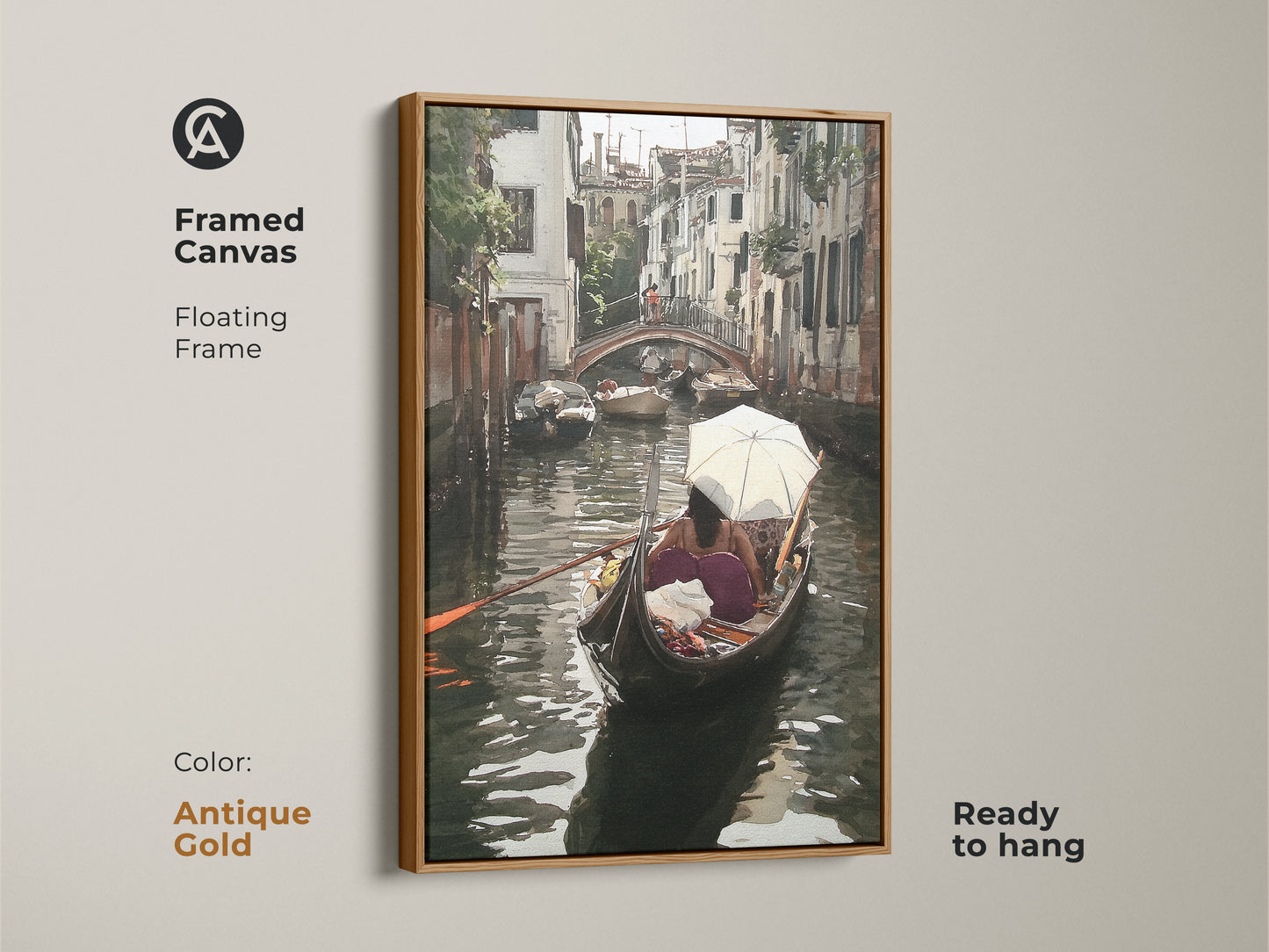 Framed canvas showcasing a Venice gondola watercolor artwork print. This Italian cityscape wall art features a floating antique gold frame and comes ready to hang. The teal and brown artwork captures a romantic European getaway scene.