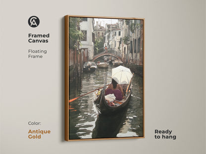 Framed canvas showcasing a Venice gondola watercolor artwork print. This Italian cityscape wall art features a floating antique gold frame and comes ready to hang. The teal and brown artwork captures a romantic European getaway scene.