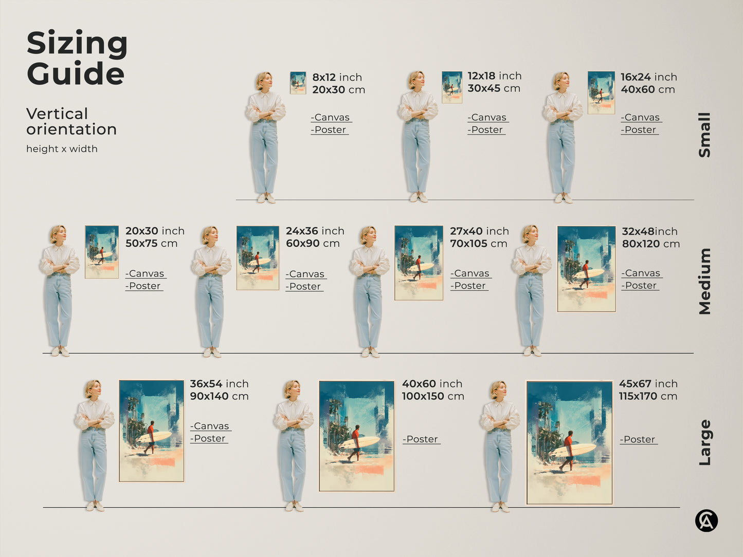Find the perfect size for your space with our vertical sizing guide. This beach art featuring a surfer walking along the shore is available in various sizes. From small to large we have the perfect fit for your wall. Shop now and transform your home.