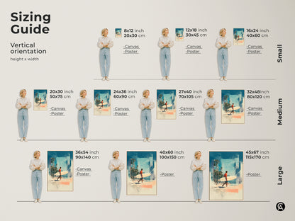 Find the perfect size for your space with our vertical sizing guide. This beach art featuring a surfer walking along the shore is available in various sizes. From small to large we have the perfect fit for your wall. Shop now and transform your home.