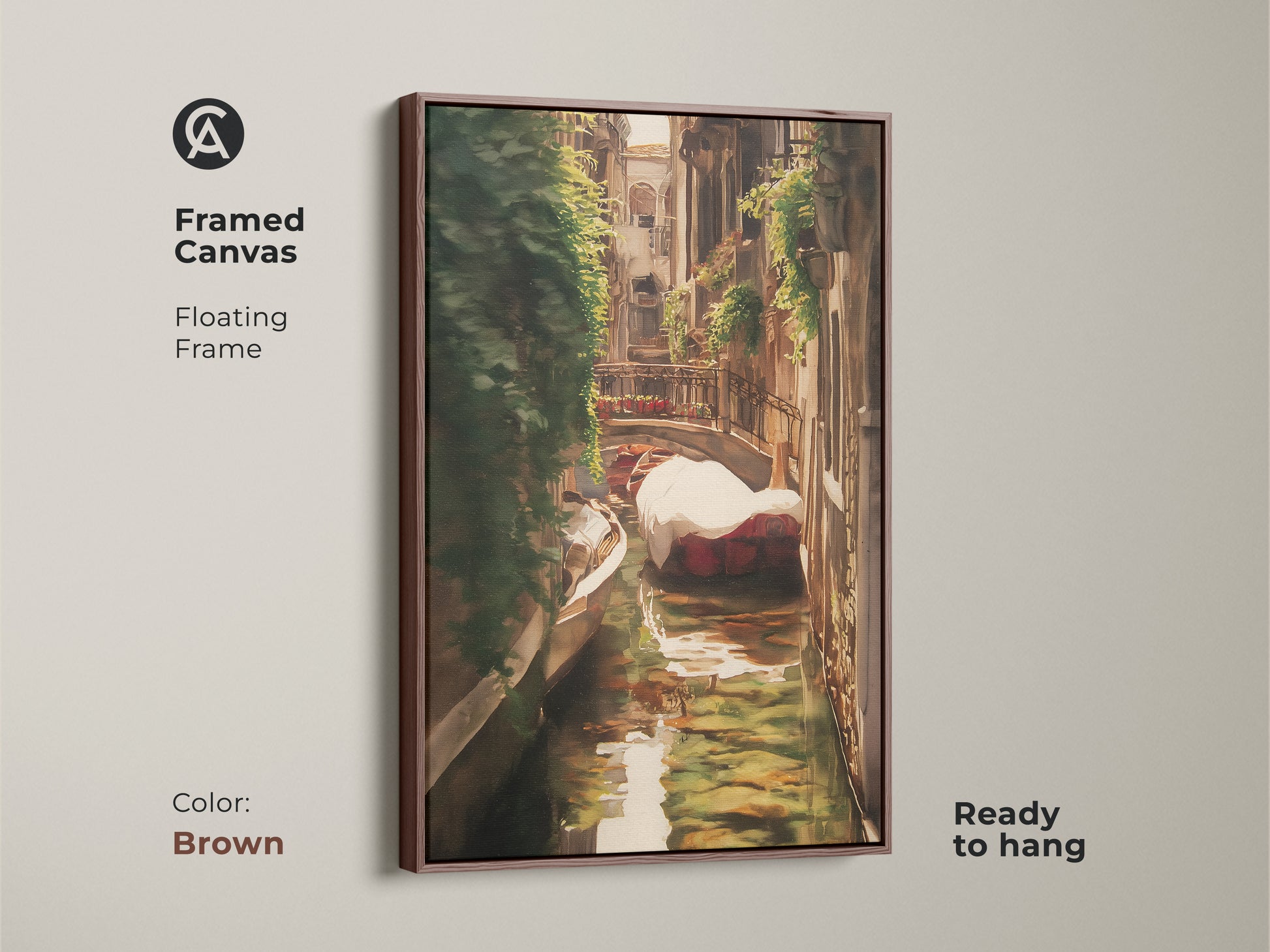Framed canvas of an Italian canal art print. The Venice gondola landscape painting features traditional brown gold and green tones. A brown floating frame enhances this ready-to-hang artwork.