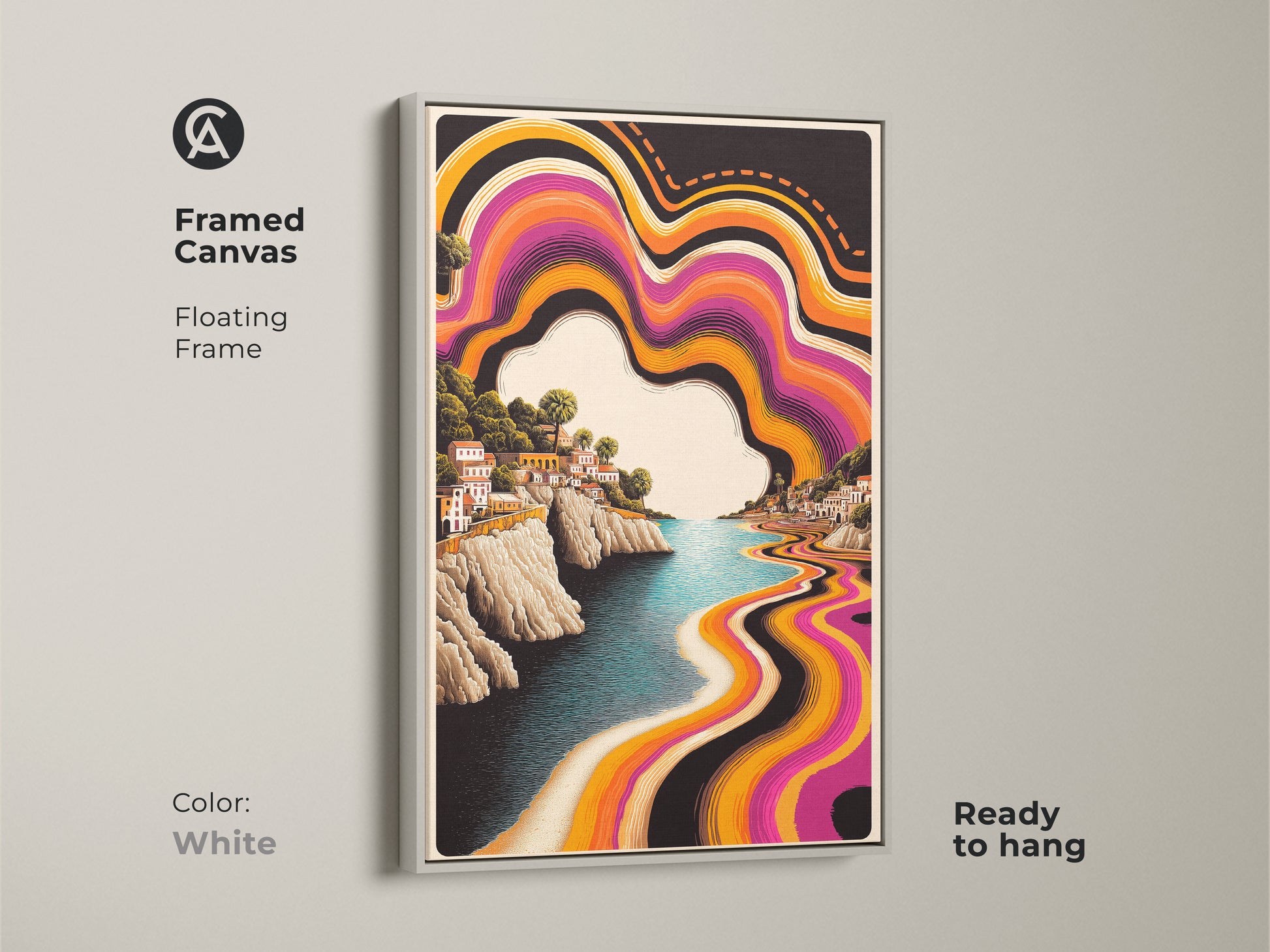 White Framed Canvas showcasing Purple Orange Abstract Waves Artwork a Retro Coastal Town. This Boho Landscape Wall Decor features a Psychedelic Travel scene. The artwork is ready to hang adding coastal vibes to your home decor.
