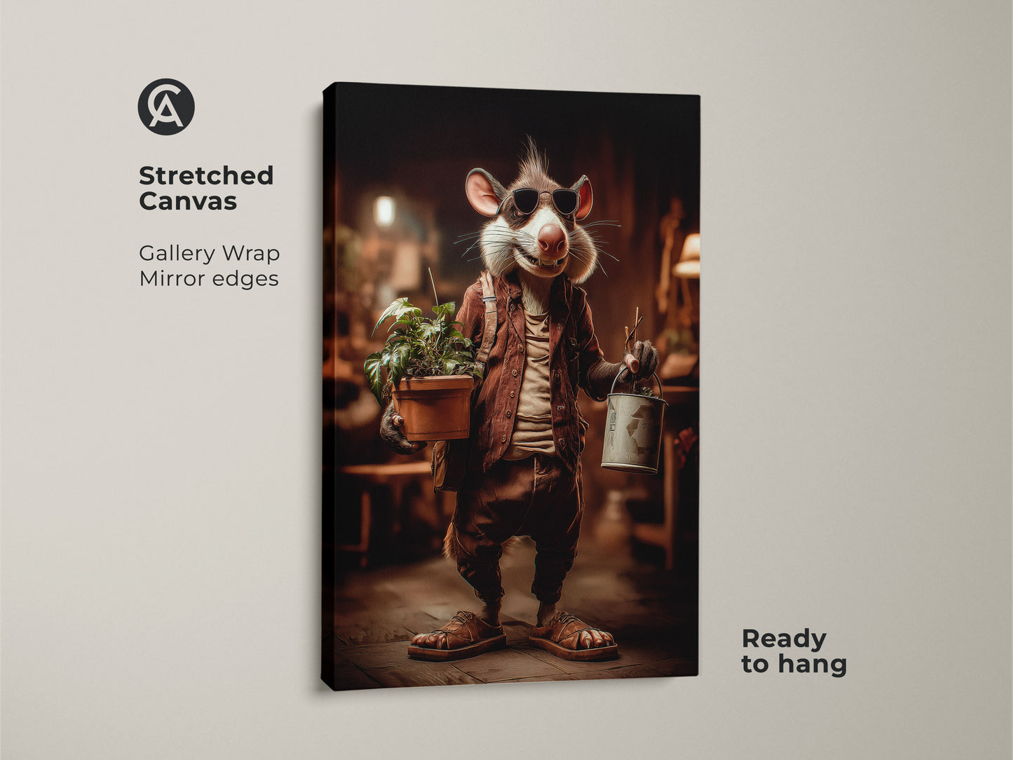 Stretched canvas print featuring a whimsical rat. He's dressed in human clothes. This gallery wrapped artwork with mirrored edges is ready to hang. The eclectic animal nature theme adds character to any room. A unique wall accent.