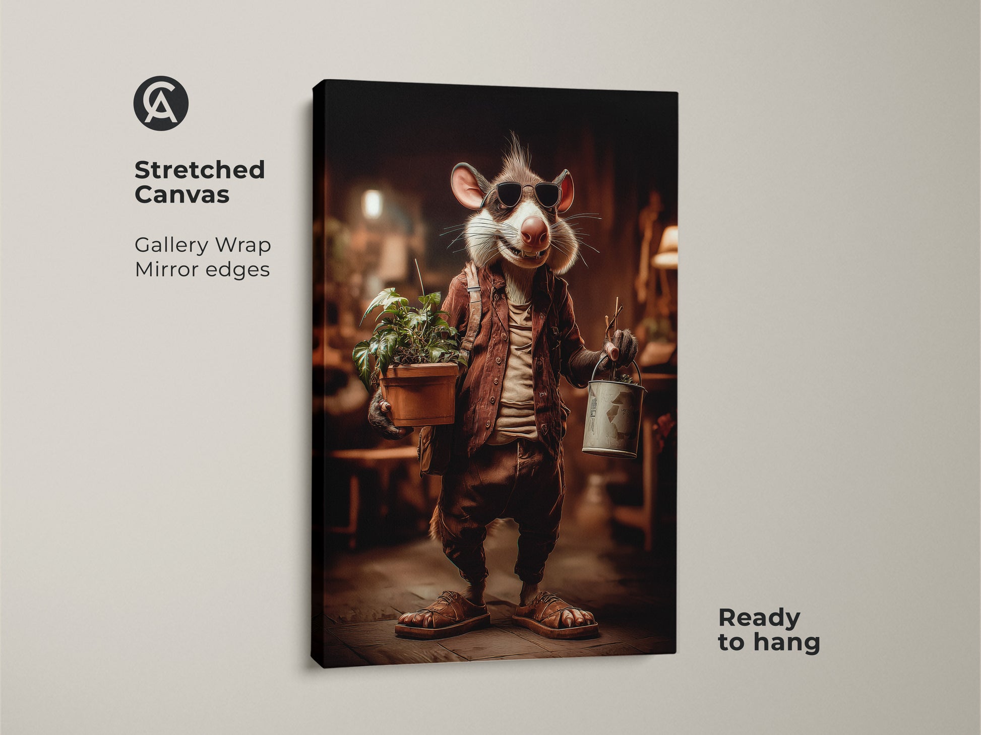 Stretched canvas print featuring a whimsical rat. He's dressed in human clothes. This gallery wrapped artwork with mirrored edges is ready to hang. The eclectic animal nature theme adds character to any room. A unique wall accent.