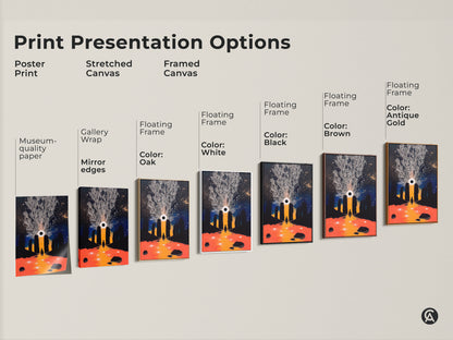 Explore presentation options for Tree of Life & Eye artwork. Choose from poster prints stretched canvas and framed canvas styles. Options include museum-quality paper gallery wrap and floating frames. Find the perfect format for your cosmic night sky print or mystical tree artwork.