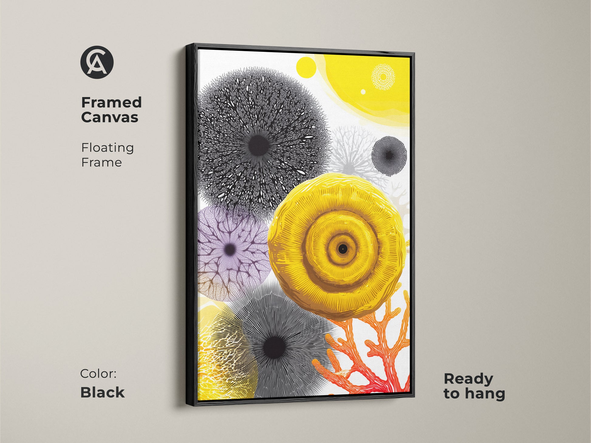 Framed canvas showing a blend of abstract nature art. It features a yellow botanical print and coral accents. Black floating frame complements the modern coastal decor. Ready to hang in any space.
