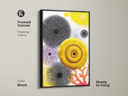 Framed canvas showing a blend of abstract nature art. It features a yellow botanical print and coral accents. Black floating frame complements the modern coastal decor. Ready to hang in any space.