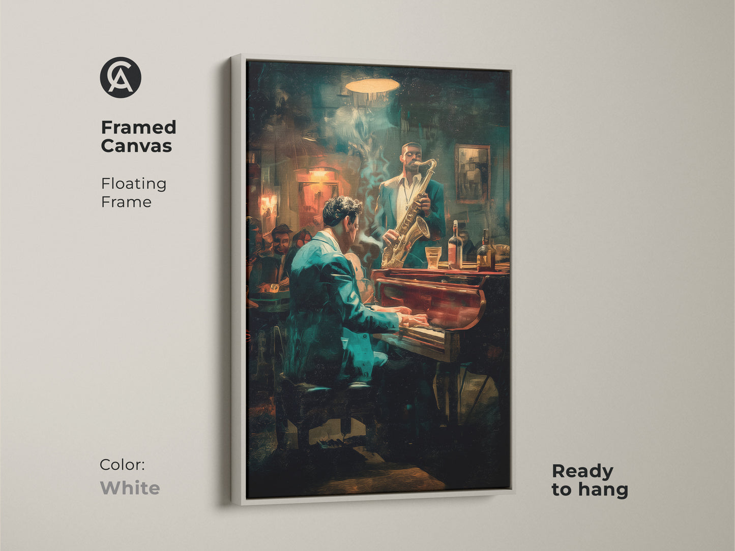 Brighten your space with this framed canvas art. The white floating frame showcases a jazz club scene with a pianist & saxophonist. Ready to hang this artwork adds a clean contemporary look. Ideal for modern homes & art collectors.