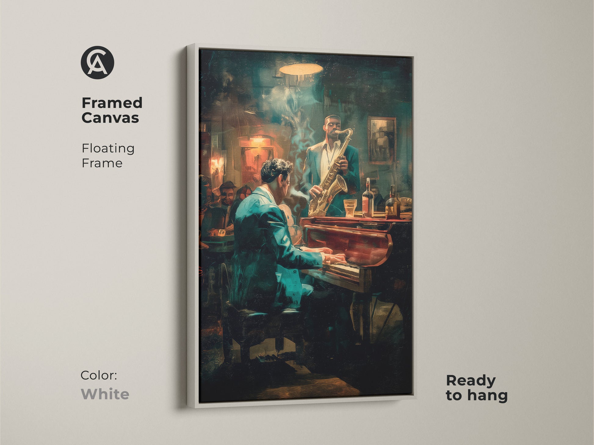 Brighten your space with this framed canvas art. The white floating frame showcases a jazz club scene with a pianist & saxophonist. Ready to hang this artwork adds a clean contemporary look. Ideal for modern homes & art collectors.