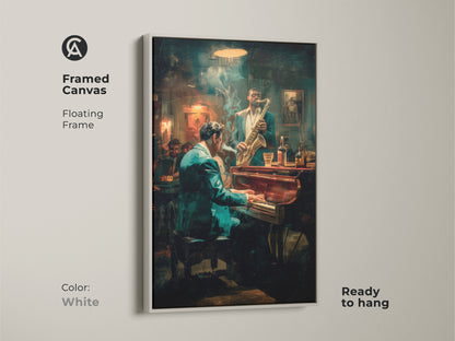Brighten your space with this framed canvas art. The white floating frame showcases a jazz club scene with a pianist & saxophonist. Ready to hang this artwork adds a clean contemporary look. Ideal for modern homes & art collectors.