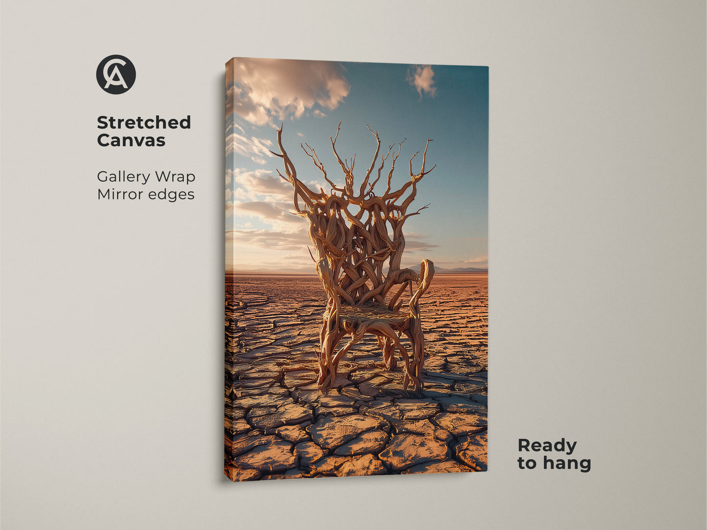 Stretched canvas of surreal tree chair wall art. Desert landscape canvas print features earth tones and abstract art. The brown and blue wall decor is ready to hang with gallery wrap mirror edges.