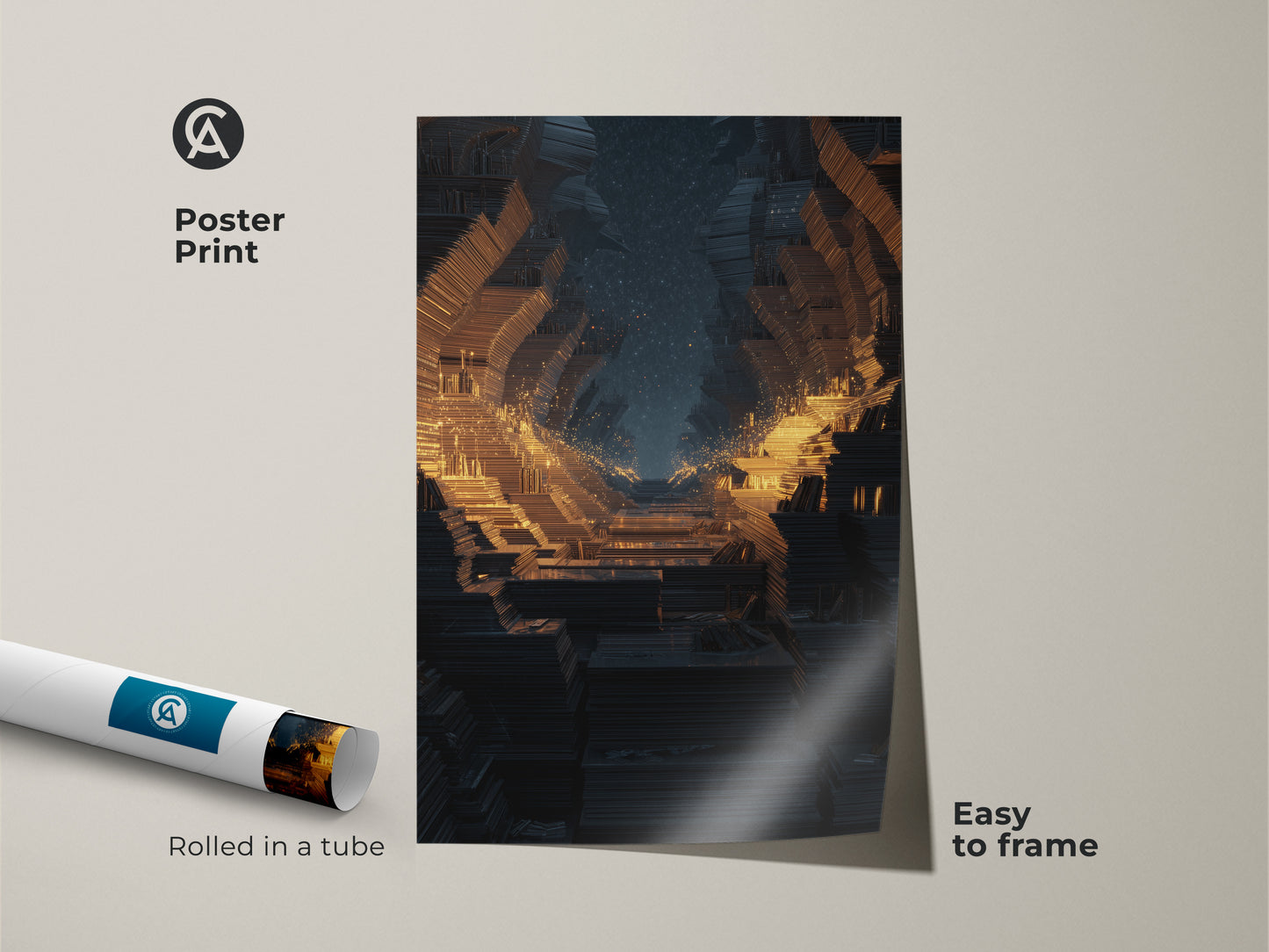 Poster print of a futuristic geometric canvas. The gold orange dark blue print is rolled in a tube and easy to frame. The modern abstract artwork adds a cosmic space tunnel art feel.
