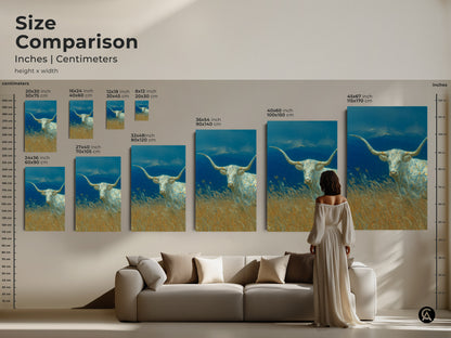 Compare sizes of the White Longhorn art in inches and centimeters. See how the artwork fits above a sofa for scale. Choose from various sizes to suit your room's dimensions. This longhorn art adds a touch of elegance and style.