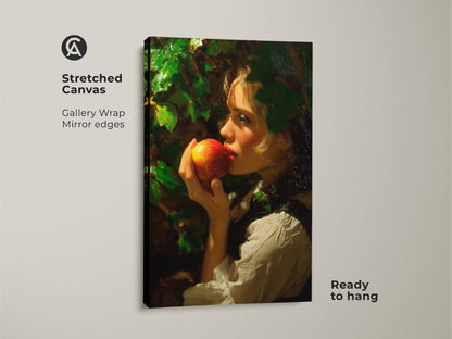 Stretched canvas gallery wrap showcasing a classical realism artwork of a woman with an apple. Ready to hang this traditional red gold art brings a touch of vintage elegance. The mirror edges enhance this fine art print.