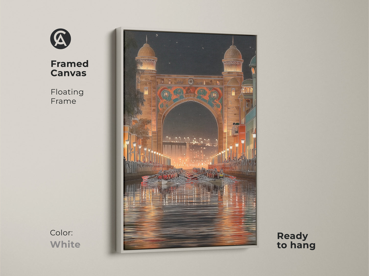Framed canvas art captures an Art Deco cityscape with a white floating frame. The orange gold teal painting features an archway and rowing boats. This ready-to-hang print is perfect for adding an eclectic touch to your home. This a river boat art print.