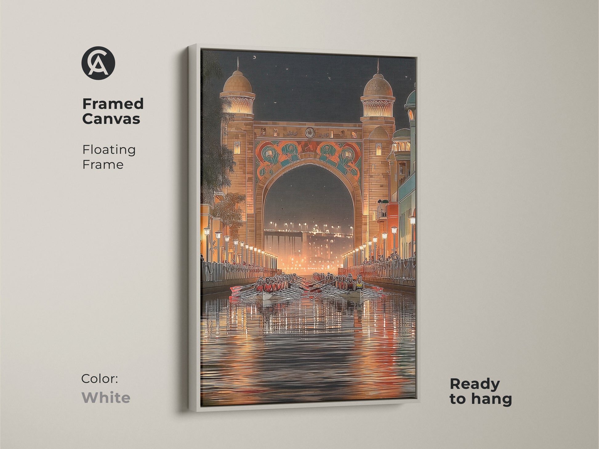 Framed canvas art captures an Art Deco cityscape with a white floating frame. The orange gold teal painting features an archway and rowing boats. This ready-to-hang print is perfect for adding an eclectic touch to your home. This a river boat art print.
