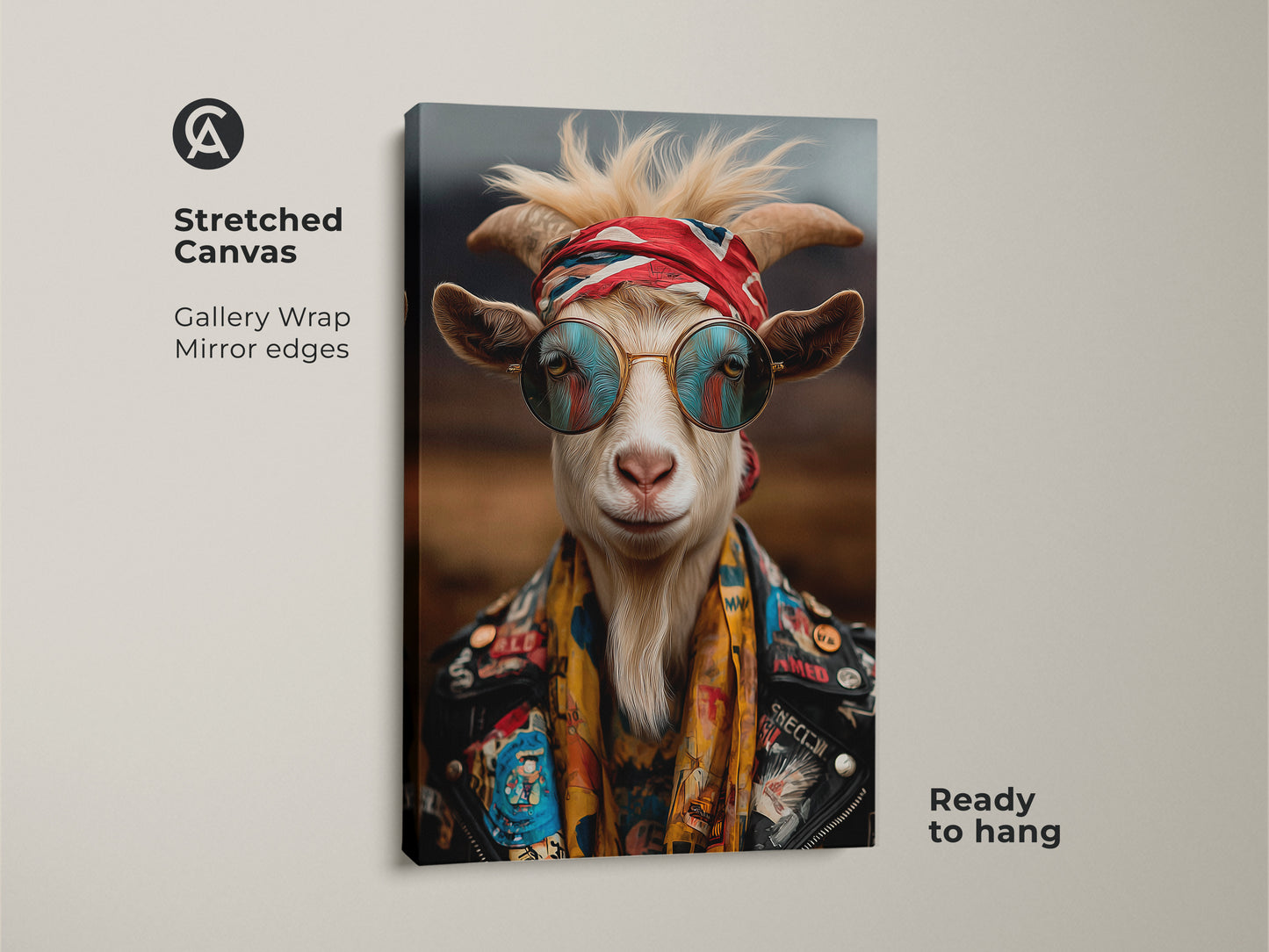 Stretched canvas of a bohemian animal art print. The cool goat portrait shows a goat with bandana sunglasses and leather jacket. Great artwork for wildlife lovers and alternative home decor.