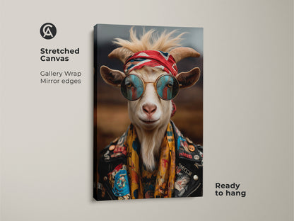 Stretched canvas of a bohemian animal art print. The cool goat portrait shows a goat with bandana sunglasses and leather jacket. Great artwork for wildlife lovers and alternative home decor.
