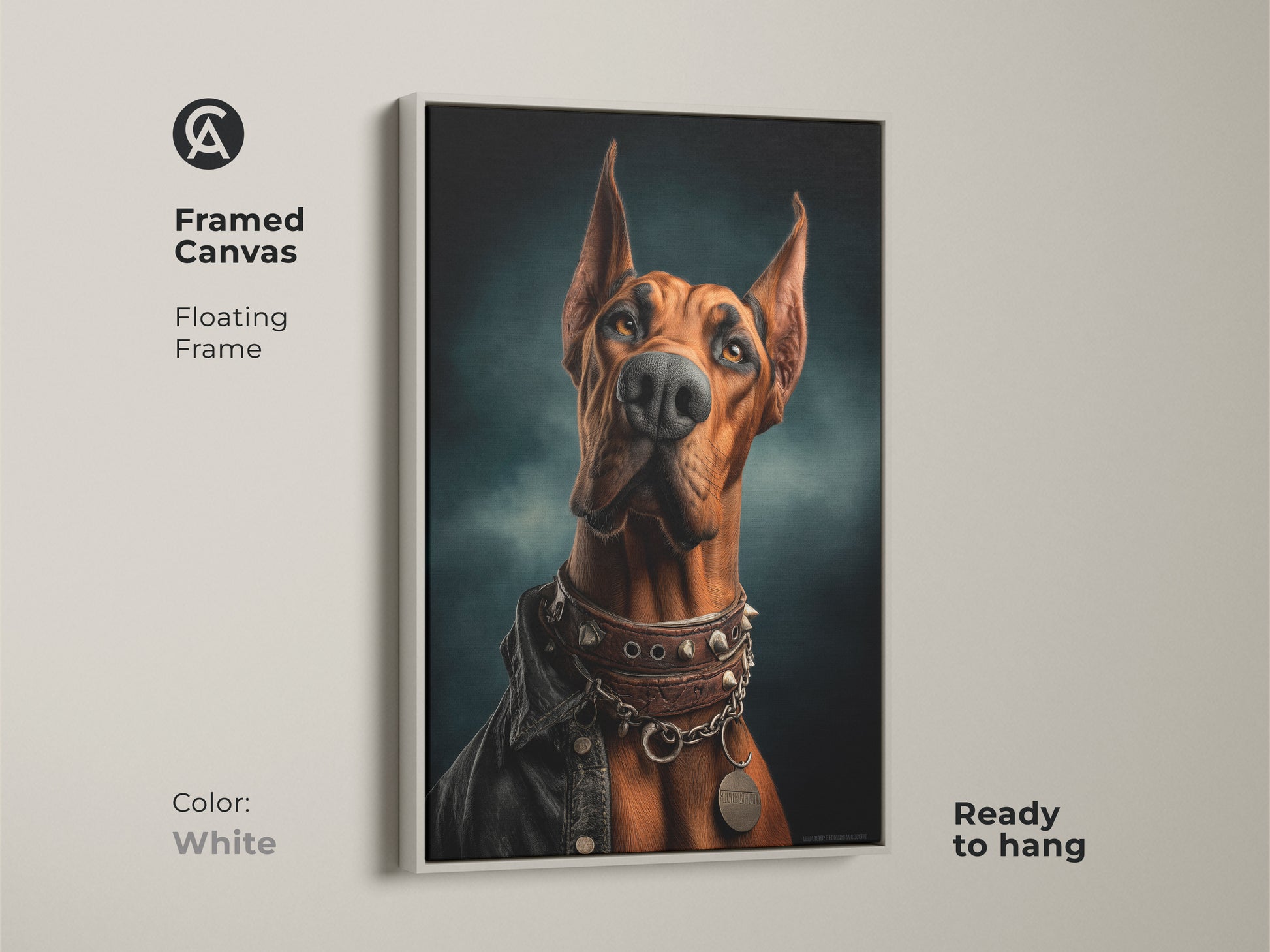 White framed canvas art of a Doberman with floating frame is ready to hang. The russet Doberman wears a studded collar and leather jacket. This unique artwork offers an eclectic feel to any room and is a great gift for dog lovers who like animal art.