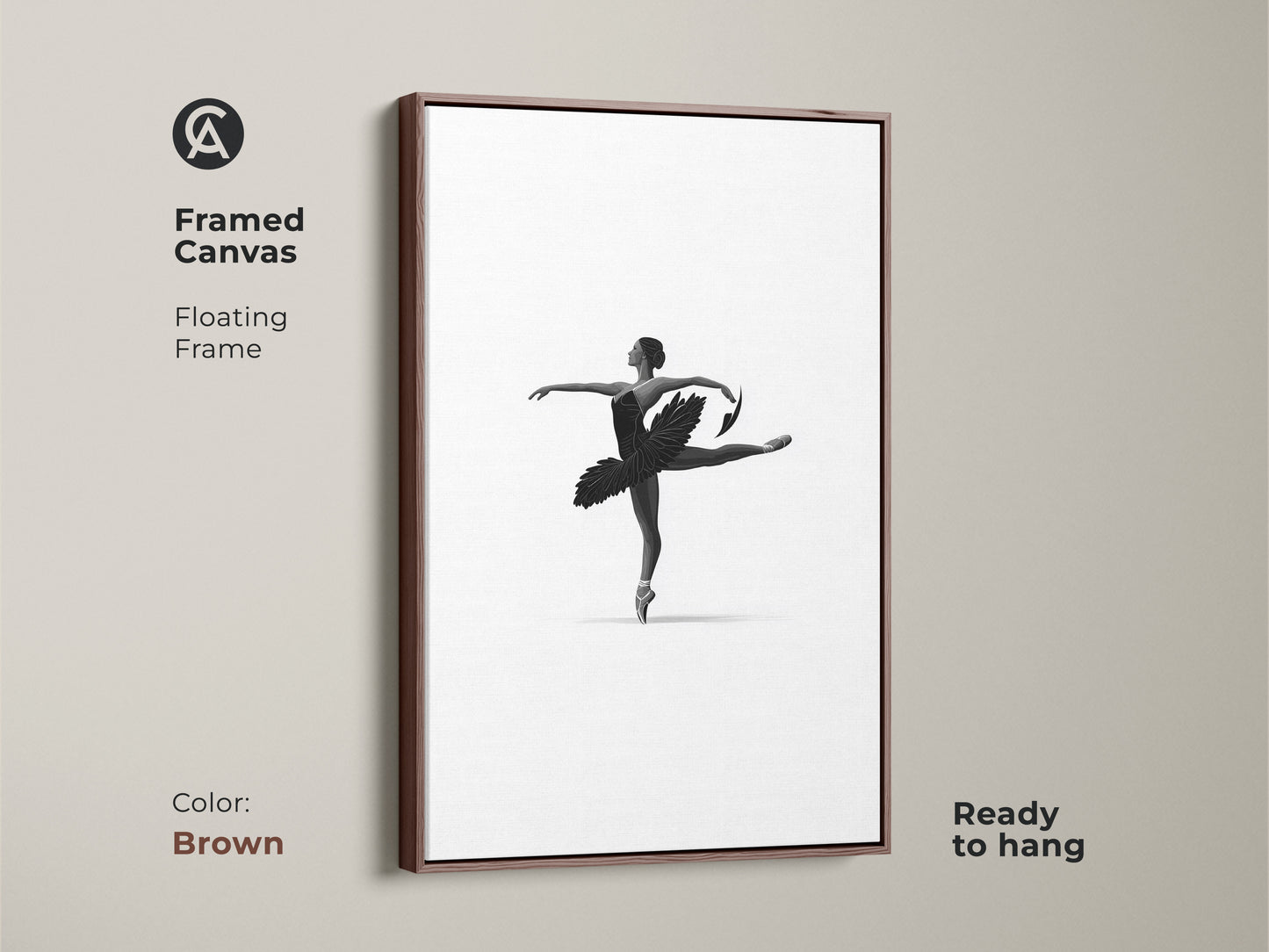 Framed canvas with minimalist ballerina art. Brown floating frame complements black and white dancer wall art. The elegant ballet figure canvas enhances bedroom decor. This monochrome ballet art is ready to hang. It is a fine art print dancer.