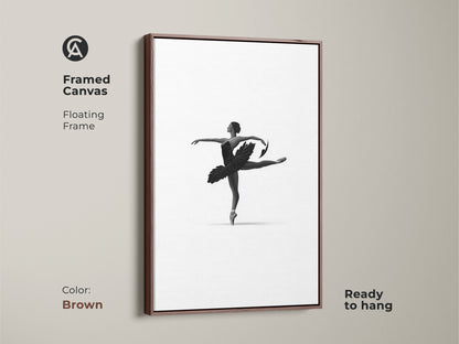 Framed canvas with minimalist ballerina art. Brown floating frame complements black and white dancer wall art. The elegant ballet figure canvas enhances bedroom decor. This monochrome ballet art is ready to hang. It is a fine art print dancer.