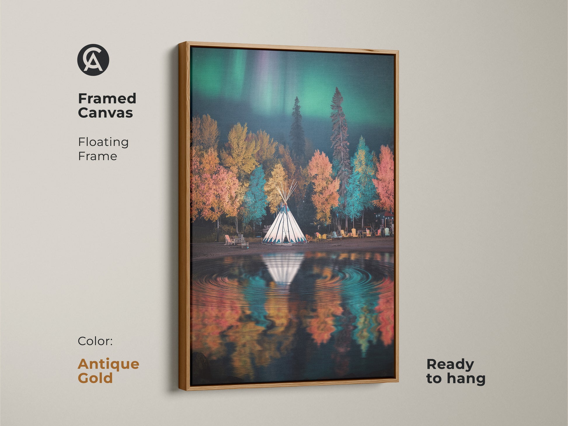 Framed canvas art of a tipi camp under the aurora borealis with an antique gold floating frame. Ready to hang this autumn forest scene features emerald green and teal hues. Boho nature landscape artwork adds a vintage touch to any space.