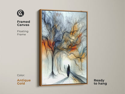Antique gold framed canvas of expressive tree artwork. Abstract figurative art in an orange and blue eclectic style. This canvas is ready to hang. Great wall art for art collectors to enjoy.