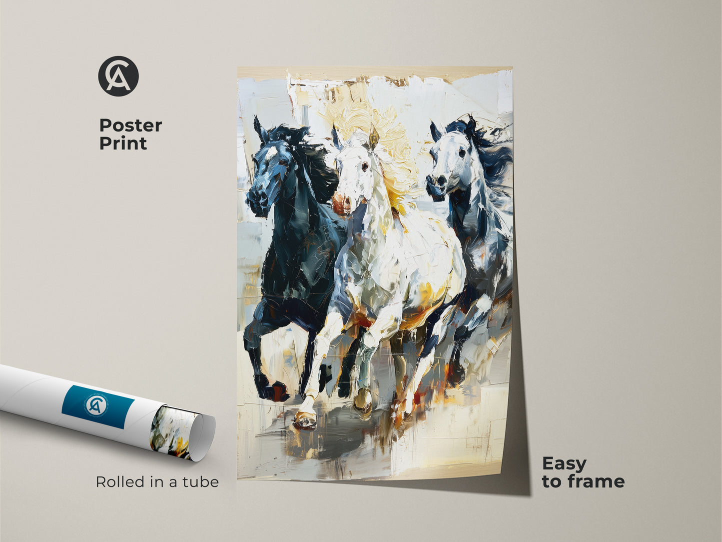This poster print offers an easy-to-frame solution for your wall art needs. The rolled canvas showcases an impressionistic horse print with three galloping horses. The black white animal artwork adds a touch of wildlife to any room. Perfect for equestrian home decor.
