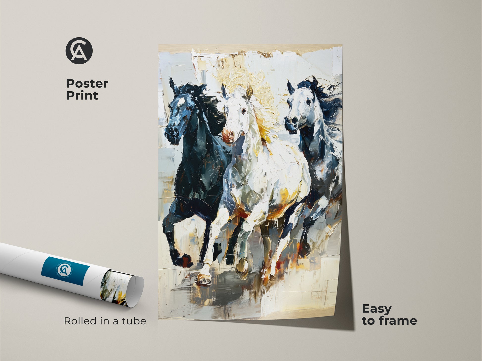 This poster print offers an easy-to-frame solution for your wall art needs. The rolled canvas showcases an impressionistic horse print with three galloping horses. The black white animal artwork adds a touch of wildlife to any room. Perfect for equestrian home decor.