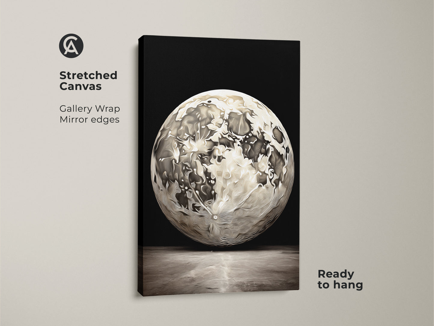Stretched canvas abstract moon artwork with gallery wrap and mirrored edges. This celestial space wall art print is ready to hang. Features a contemporary black and white lunar craters art style.